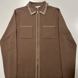 Reiss Men’s Beige Cardigan Jacket Full Zip Ribbed W/ Gold Accents Size Medium